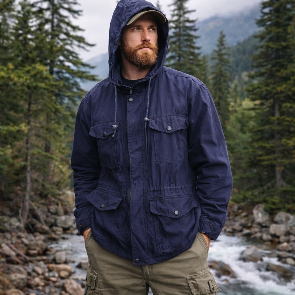 Vintage J Crew Oarsman  Blue Hooded Field Utility Jacket Zip Up SZ Small Classic